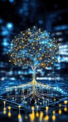 Poster - A digital representation of a tree made of interconnected circuits and glowing nodes, symbolizing technology and nature.