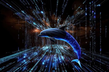 Fototapete - A digital dolphin swims through a vortex of blue code, merging technology with marine imagery in a visually striking representation.