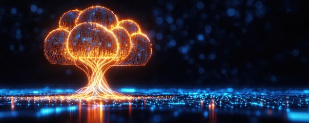 Poster - A glowing, digital tree stands out against a dark background, its branches and roots illuminated in vibrant colors, symbolizing technology and nature.
