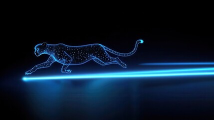 Poster - A glowing, digital silhouette of a cheetah running swiftly, enhanced by blue light against a dark background.