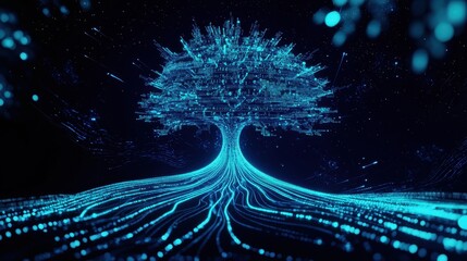 Fototapete - A glowing blue tree design with intricate roots, set against a dark background, creating a visually striking digital landscape.