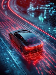 Poster - Futuristic Self-Driving Vehicle Navigating a Digital Network in a Cityscape