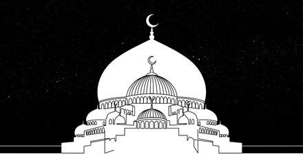 Poster - Single-line art of overlapping crescents creating a 3D mosque dome illusion, 32K ultra HD shadow play via line weight shifts, starry night backdrop.  
