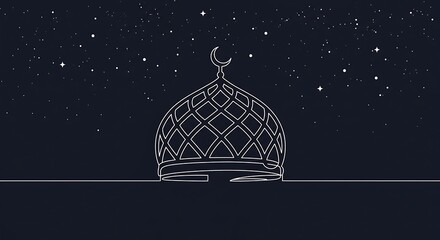Poster - Single-line art of overlapping crescents creating a 3D mosque dome illusion, 32K ultra HD shadow play via line weight shifts, starry night backdrop.  
