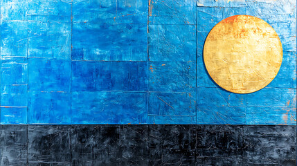Poster - Artistic blue texture with golden sun abstract painting contemporary gallery indoor bright conceptual design