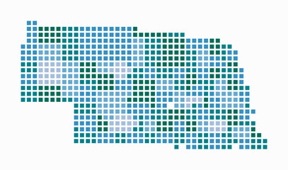 Poster - Nebraska dotted map. Digital style map of the state on white background. Nebraska shape with square dots. Colored dots style. Large size squares. Artistic vector illustration.