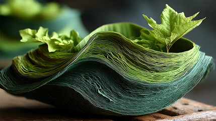 Poster - Decorative Art Piece with Green Paper Waves and Fresh Leaf Arrangements