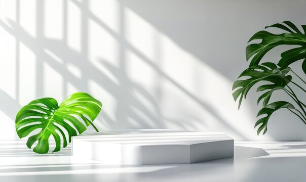 White hexagonal podium with tropical leaves