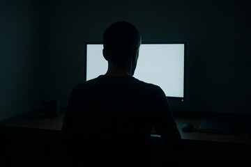 Poster - Mystery in the Dark: An anonymous figure, immersed in a digital glow, sits before a bright computer screen, the scene shrouded in shadows and anticipation. 