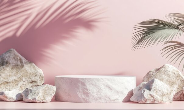 Pink backdrop with stone podium and palm leaves