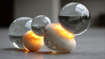 Poster - Elegant Glass Spheres with Soft Illuminated Glow on Modern Surface