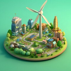 Poster - ミニチュア都市の風力発電機 緑豊かな芝生とカラフルな建物 環境に優しいエネルギーコンセプト