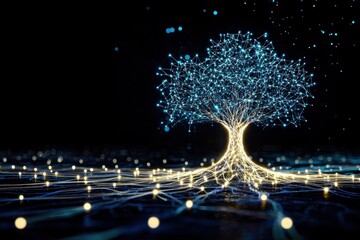 Fototapete - A glowing tree made of interconnected lines and dots, symbolizing growth and connectivity in a dark, digital environment.