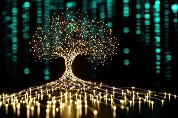 Fototapete - A glowing network tree illustration against a dark backdrop, symbolizing connection, technology, and nature's beauty.