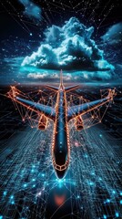 Poster - A futuristic airplane is depicted flying through a network of glowing lines and stars against a dramatic cloud-filled sky.