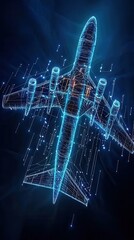 Poster - A futuristic, wireframe depiction of an airplane, glowing in blue against a dark background, showcasing modern technology and aviation design.