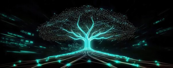 Fototapete - A digital tree composed of glowing lines and dots, symbolizing technology and nature interconnecting in a vibrant, futuristic style.