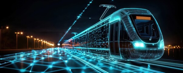 Fototapete - A futuristic train illuminated by blue light, traveling along an electrified track, symbolizing advanced technology and modern transportation.