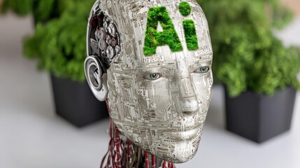 Poster - Robot head with a green tree growing from it symbolizing the fusion of nature and artificial intelligence concepts