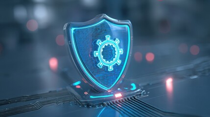 Poster - Advanced computer with a glowing blue shield and gear symbol representing secure automation technology