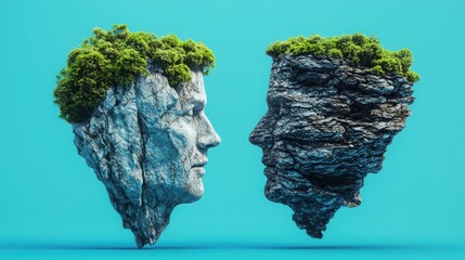 Poster - Artistic representation of two faces with lush trees growing from them symbolizing eco-salary swap visual concept