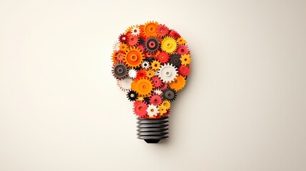 Poster - Creative concept of a light bulb filled with colorful gears and cogs on neutral background for innovation themes