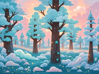 Poster - 淡い色調の雪景色に包まれた木々が立ち並ぶ幻想的な風景画 輝く星のような装飾が施された木と空に広がる雲