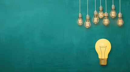 Poster - Bright Yellow Light Bulb on Green Background with Hanging Vintage Light Fixtures for Creative Ideas Concept