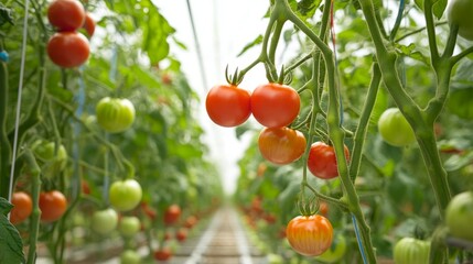 Poster - Advanced farm robot harvesting ripe tomatoes in a greenhouse, using precision arms and AI sensors to detect ripeness