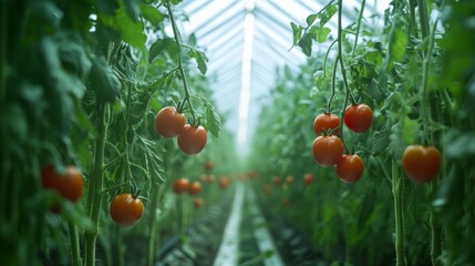 Poster - High-tech farming environment where AI-powered robots pick tomatoes, supported by data-driven systems and monitoring