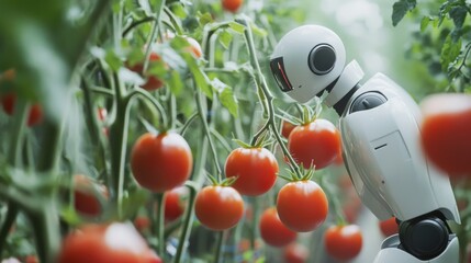 Poster - Intelligent robot scanning tomato plants and picking ripe fruits with precision, reflecting the future of agriculture