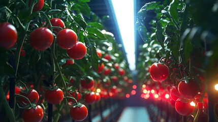 Poster - Robotic farm assistant picking red tomatoes with articulated arms, under bright lights in a climate-controlled space