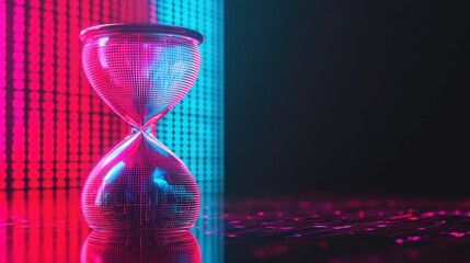 Poster - Abstract hourglass with digital lights and vibrant colors showcasing the concept of time and technology in modern design