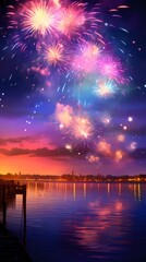 Poster - カラフルな花火が夜空に咲き誇り水面に映る夏の夕暮れ時の都市景観