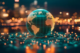 Futuristic glowing digital globe on a network, representing global connectivity and technology. Ideal for concepts of internet, communication, and worldwide business.