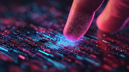 Poster - Futuristic Touchscreen Interaction with Fingerprint on Neon Digital Background in Glowing Colors