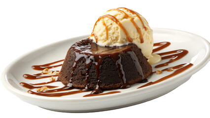 Poster - warm chocolate lava cake topped with creamy vanilla ice cream and drizzled with rich caramel sauce on white plate. dessert looks indulgent and inviting