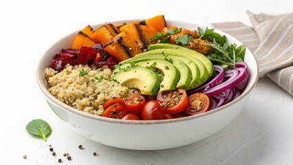 Poster - colorful vegan Buddha bowl featuring quinoa, avocado, roasted vegetables, cherry tomatoes, and red onion, garnished with fresh herbs, offering healthy and vibrant meal option
