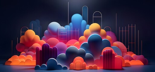 Poster - カラフルな3D抽象的な雲の風景とネオンライトの暗い背景