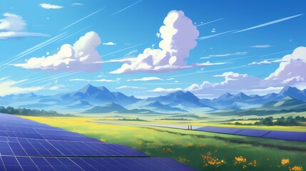 Poster - 青い空の下 太陽光発電パネルと山々 花咲く草原の風景 イラストレーション