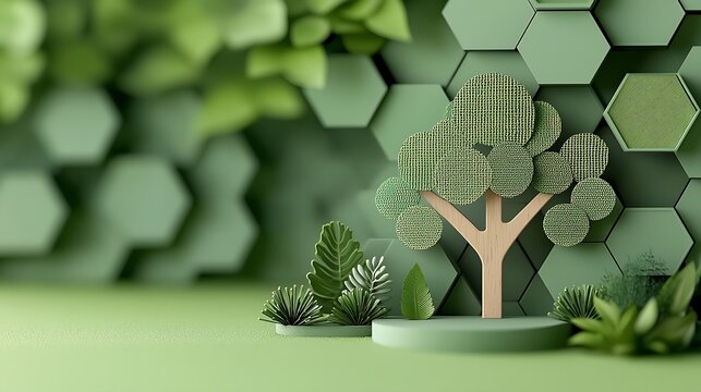 3D Minimalist Green Tree Icon in Hexagon Pattern