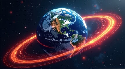 Wall Mural - Earth with glowing rings in space surrounding the planet. magnetic storm