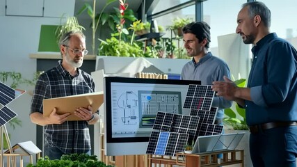 Poster - Three professionals collaborate in a sunlit office space, examining a model home with solar panels. A computer displays architectural plans, surrounded by greenery. The team engages in a discussion.