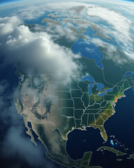 detailed aerial view of north america with clouds and natural landscapes