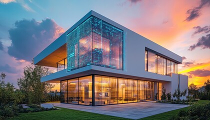 Poster - Modern architectural design illuminated at dusk in an urban environment with glowing orange lights showcasing sleek lines and greenery
