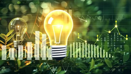 Aufkleber - Image symbolizing innovation, development and growth with a glowing lightbulb nestled within green foliage, accompanied by a rising graph. The scene conveys a message of sustainable, positive trends.