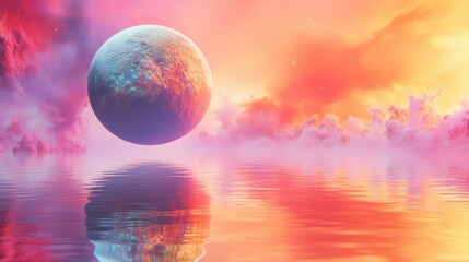 Fototapete - Colorful sunset over a tranquil lake reflecting a stunning celestial object and vibrant clouds in a surreal landscape