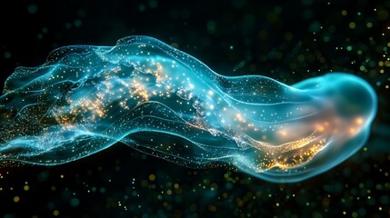 Aufkleber - Abstract glowing blue jellyfish design with golden particles on black background