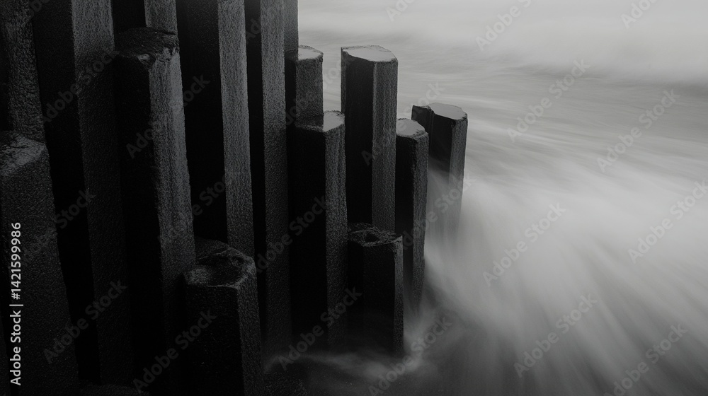 Gloomy Icelandic black sand beach with dramatic geometric basalt ...