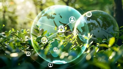Aufkleber - A captivating image of a luminous, green sphere in lush foliage. Small tech icons float around it, symbolizing the intersection of nature and technology. A bright, hopeful atmosphere.